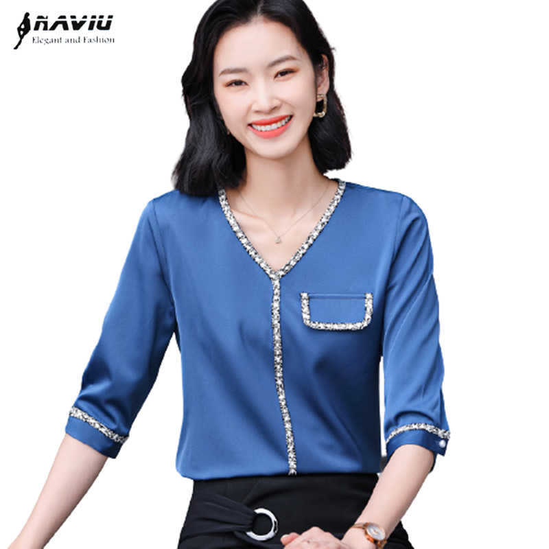 

Blue Shirt Women Summer Fashion V Neck Design High End Half Sleeve Blouses Office Ladies Casual Work Tops 210604, Apricot