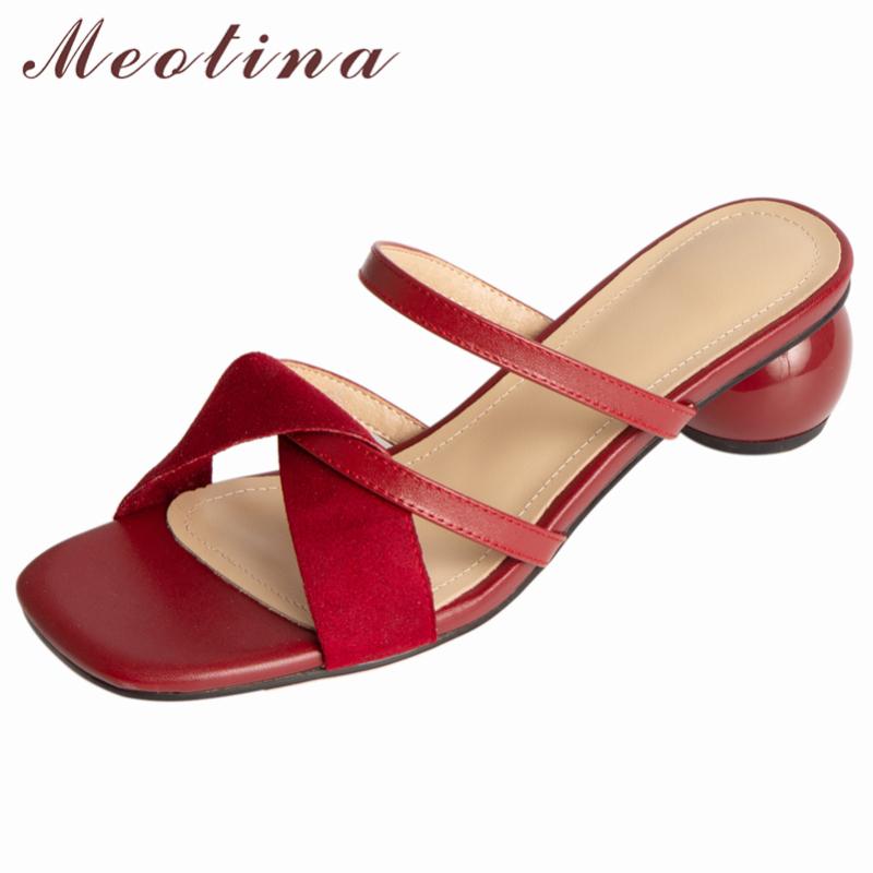 

Meotina Women Genuine Leather Sandals Strange Mid Heel Slippers Square Toe Cross Tied Ladies Slides Real Red Black 40