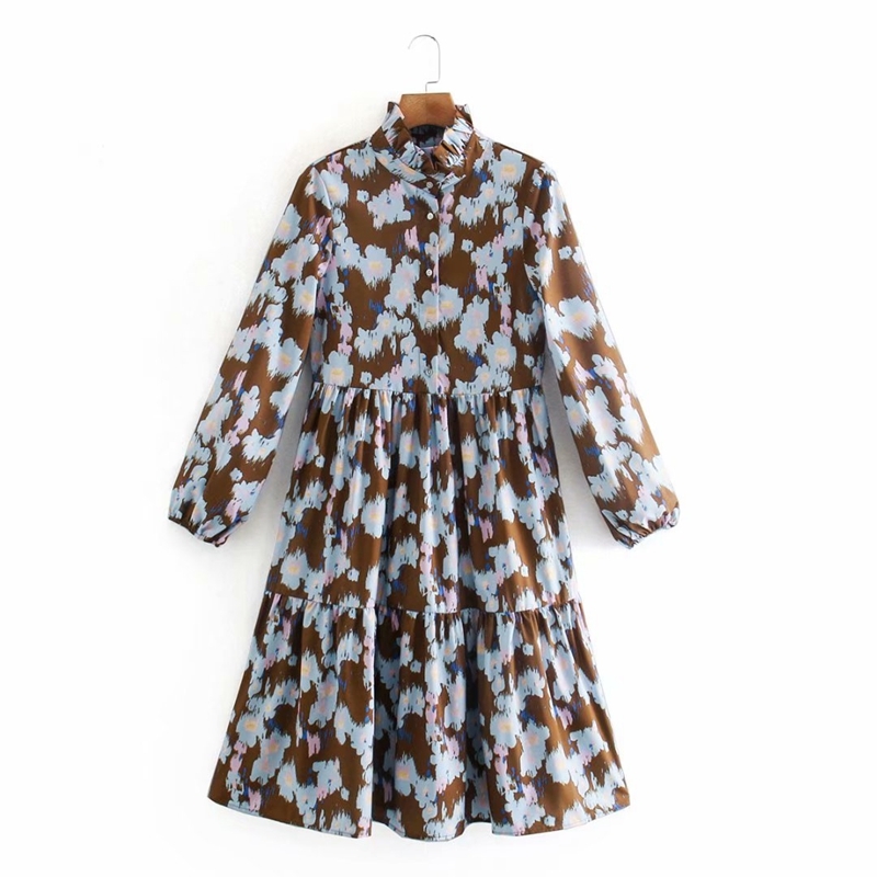 

Elegant Spring Floral A line Dress Women Stand Collar Patchwork Knee Length Printed Long Sleeve Party Dresses NX9893 210525, Multi