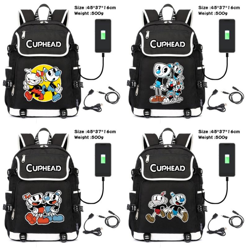 

Backpack Game Cuphead Mugman Canvas Packsack Teenagers Zip Schoolbag Unisex USB Charging Shoulders Travel Laptop Bag Cartoon