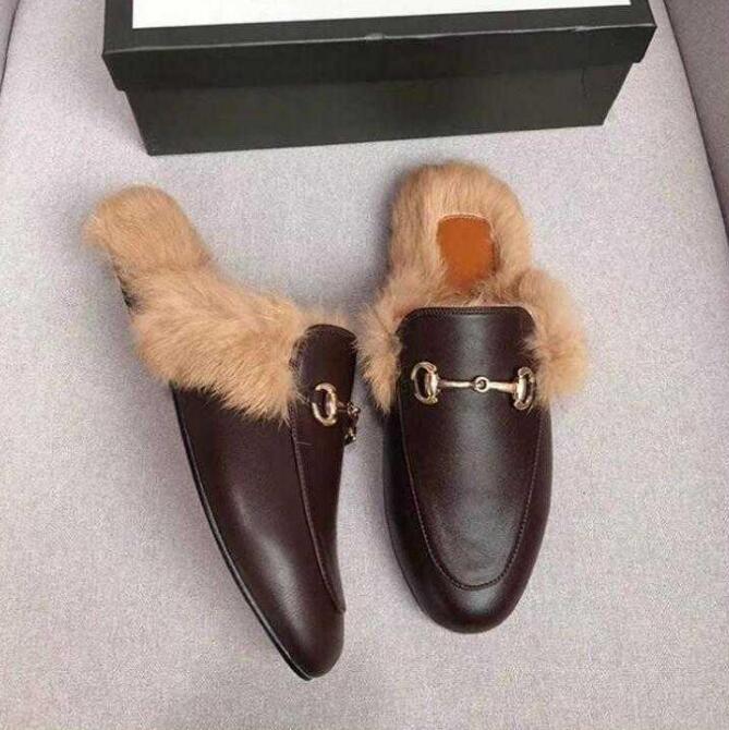 

21S Slippers Fashion Designer Women Fur Loafers Genuine Leather Mules Princetown Woman White Black metal chain Casual Flat Shoes Slipper 35-41