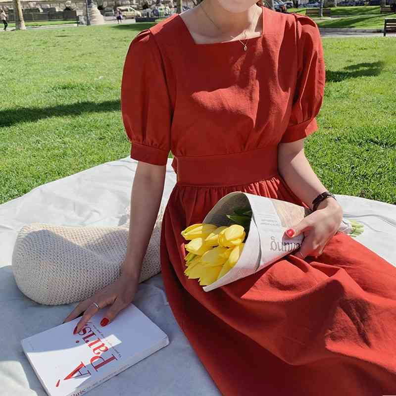 

Summer Women Vintage High Waist Square Collar Dress Casual Cotton And Linen Puff Sleeve Office Chic Dresses 210520, Photo color