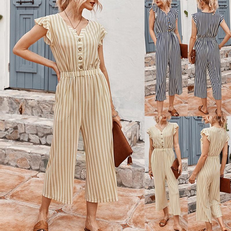 

Women's Jumpsuits & Rompers Striped Feminine Jumpsuit Summer Beach Leisure Bohemian Ruffle High Waist Fashion, Black;white