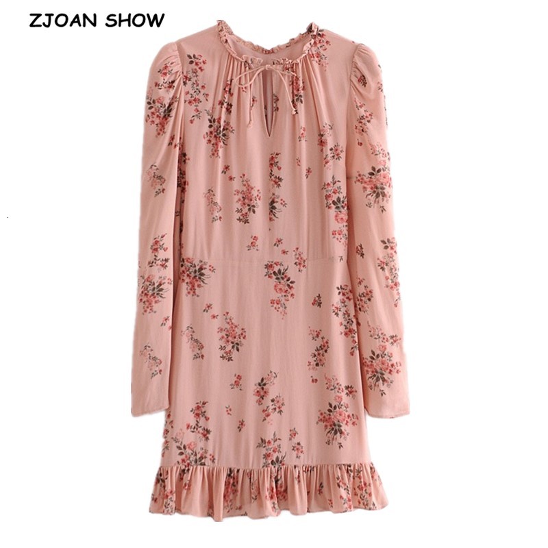 

Casual Dresses French Women Long sleeve Dress Elegant Lacing up Wood Ears Collar Floral Print Ruffle Hem Short Party Slim fit Vest, Pink