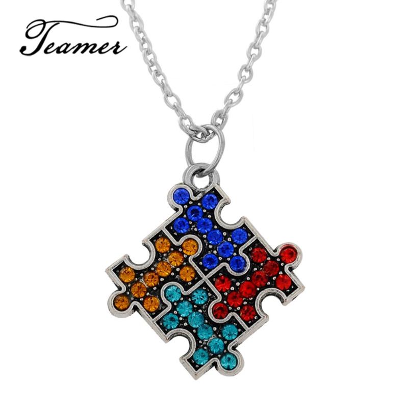 

Pendant Necklaces Teamer Autism Awareness 4 Color Jigsaw Puzzle Piece Crystal Necklace For Women Men Fashion Jewelry Adjustable Chain