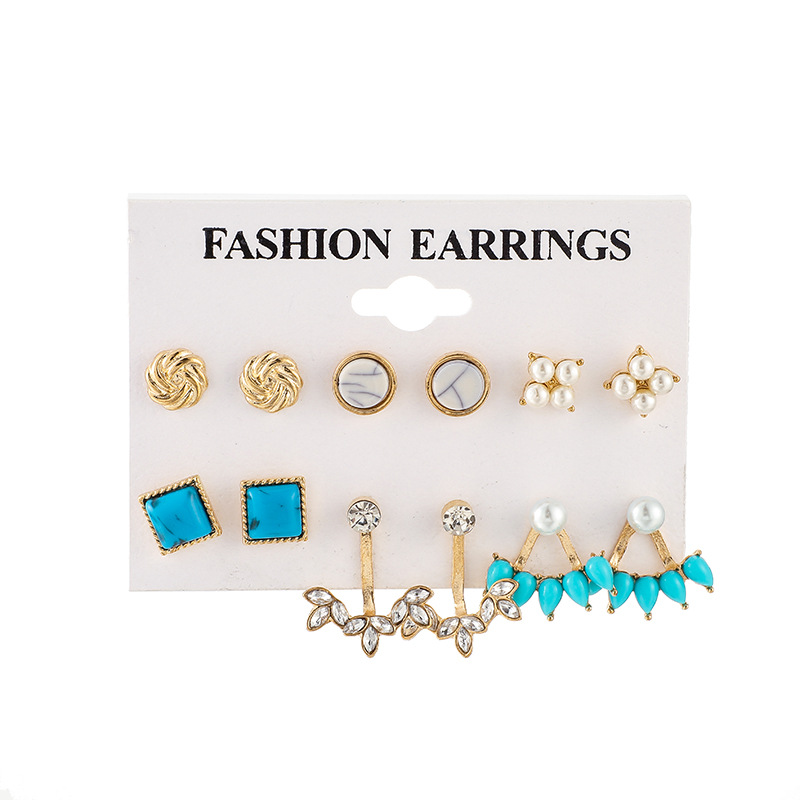 

Fashion Ear Studs Round Winding Flower Rhinestone Turquoise Pearl Diamond Earings Set 6-Piece Set