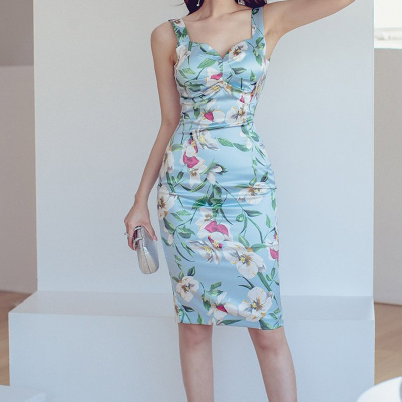

Summer Sexy Square Collar Print Tank Dress Women Flower Floral Sheath Dresses Sleeveless Pencil Bdycon Vestidos 210525, Picture color