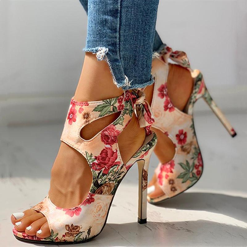 

Dress Shoes Pumps Women High Heels Ladies Thin Flower Printed Peep Toe Gladiator Office Female Sandals Party Heel Casual, Yellow