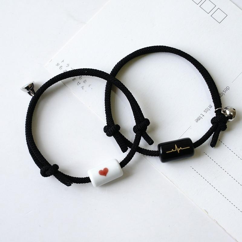 

Link, Chain 2Pcs/Set Magnet Bracelets Couple Vintage Matching Bracelet Heartbeat Beads Distance Braclet Lovers Jewelry Valentine Day Gifts