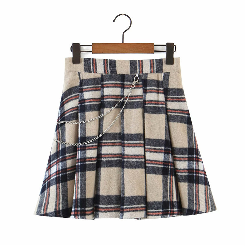 

Skirts Women Sprint Autumn Fashion Plaid High Waist Mini With Chain Chic Lady Preppy Style Warm Woolen Pleated Short Skirt ZD9H, As photo