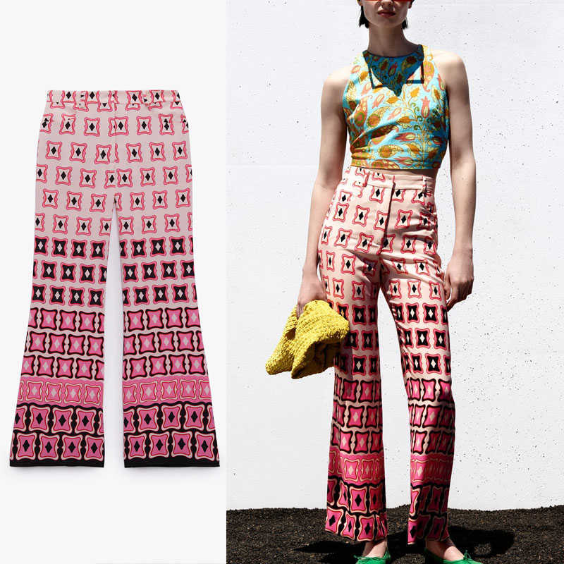 

Za Summer Geometric Print Flared Pants Women High Waist Front Pockets Vintage Trousers Woman Chic High Street Loose Pants 210602, As picture