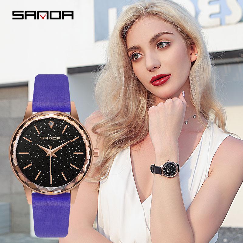 

Wristwatches SANDA Charming Crystals Decoration Women Wristwatch Life Waterproof Leather Strap Premium Quartz Movement Relogio Feminino P230, Black blue