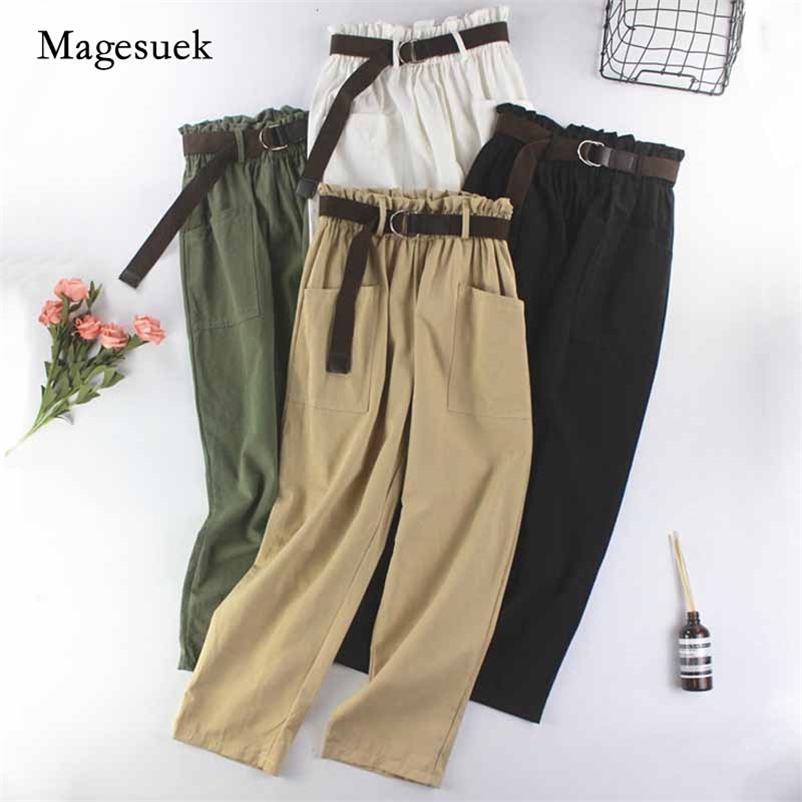 

Autumn Women Elastic High Waist Pants Big Pockets Straight Trousers with Belt Ankle-Length Cotton Cargo Spodnie 10658 210518, Army green
