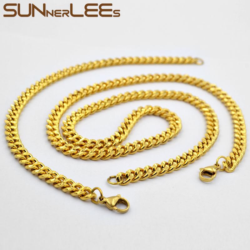 

Earrings & Necklace SUNNERLEES Jewelry Gold Plated Bracelet Set 6mm Curb Cuban Link Chain Shiny Flower Printing Men Women Gift C78 S, Silver