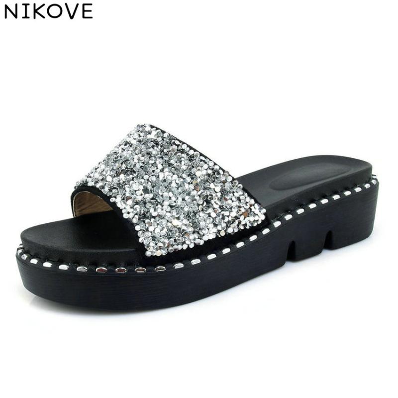 

Slip On Shallow Women Sandals Round Toe Sequins PU Med Heels Slippers Bling Platform 2.5cm Shoes Size 34-43, Black
