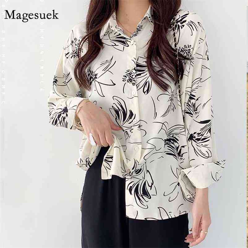 

Korean Print Women Vintage Turn-down Collar Woman's Blouse Long Sleeve Chiffon Shirts Loose Womens Tops and Blouses 9195 50 210518, Creamy-white