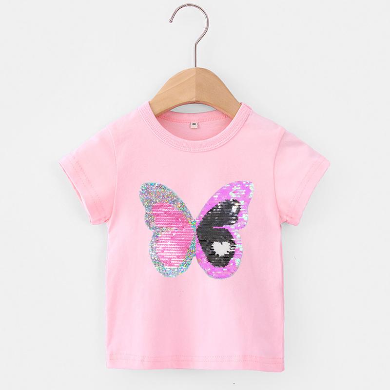 

Family Matching Outfits Summer Girls T-Shirts With Reversible Butterfly Sequin Kids Clothing Fashion Cotton Glitter Girl Tops Tees T Shirt, Blue
