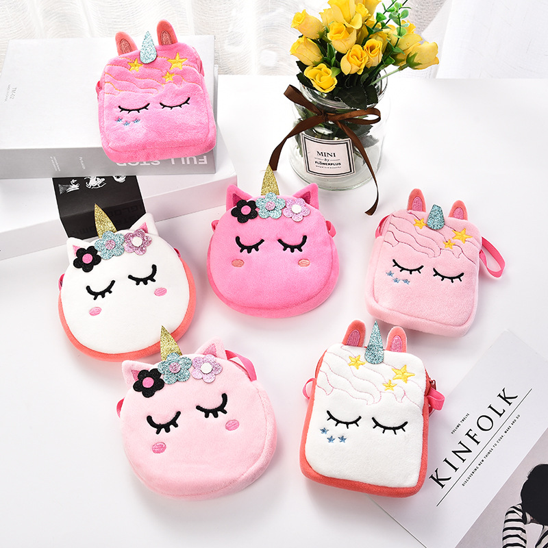 

Korean version of cartoon unicorn plush shoulder bag cute personality coin purse girl mobile phone gift messenger bag, Red;black