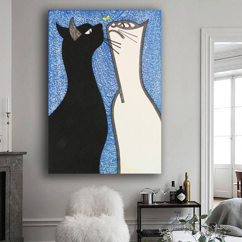 

wall art decoration black white cats butterfly kiss cartoon picture for living room kids room print on canvas poster room decor