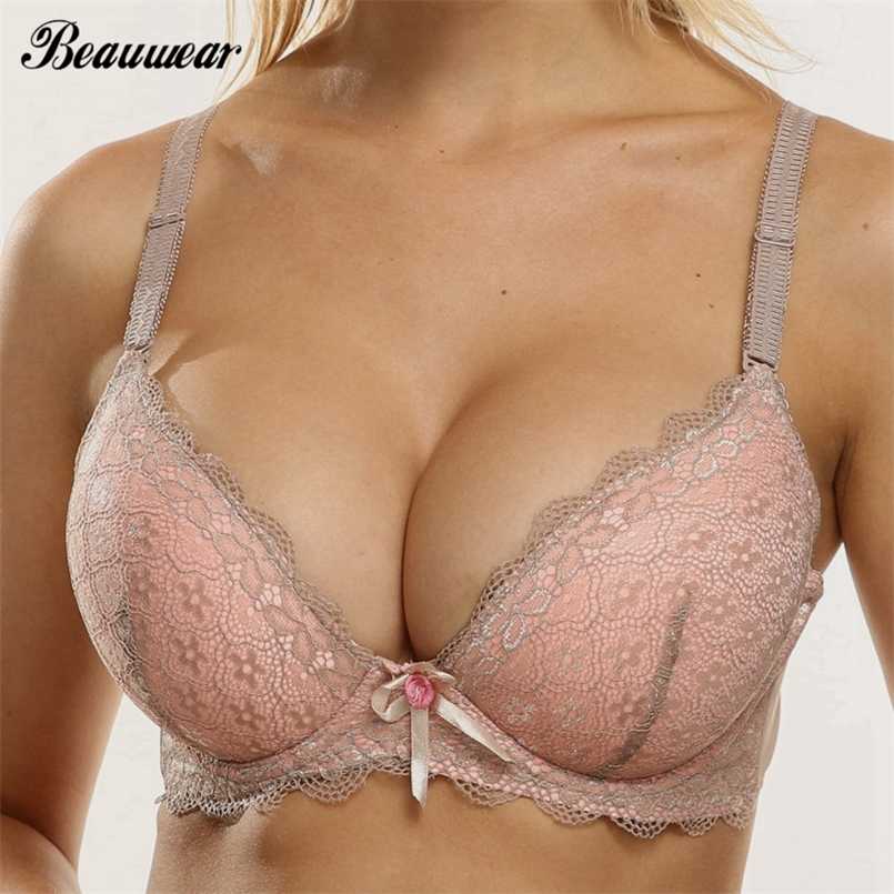 

Beauwear Sexy Deep V Bra Big Size Foam Cup Bras Push Up Brassiere Floral Lace Padded Push Up Lingerie Underwear for Women 211110, C18nude