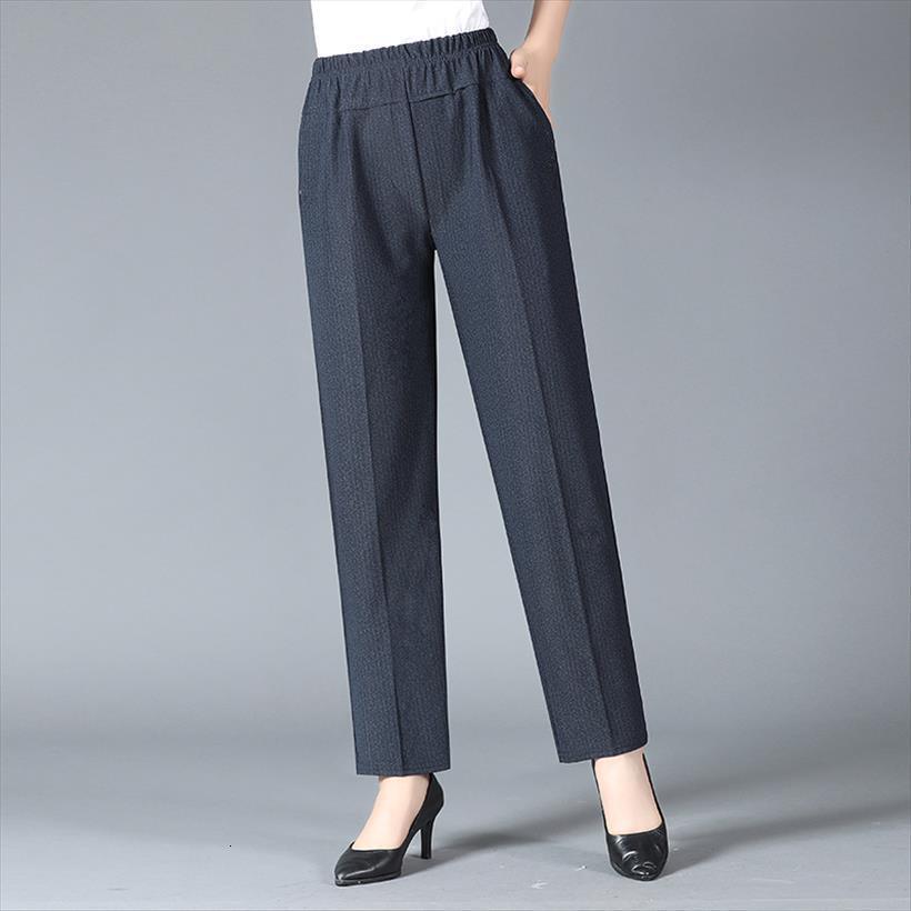 

middle aged casual autumn spring womens pant grandma mother elastic waist trouser plus size black gray pants with pockets clothes, Black;white