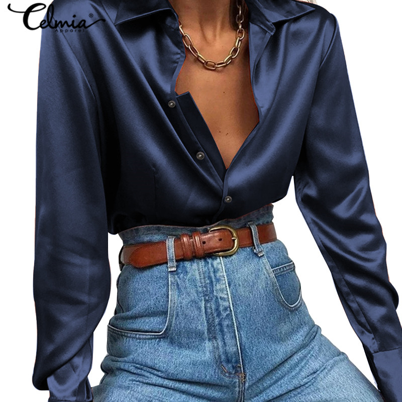 

2021 Fashion Women Office Basic Shirt Celmia Long Sleeve Satin Blouses Lapel Buttons Shirts Elegan OL Tunic Tops Solid Blusas 7, Navy