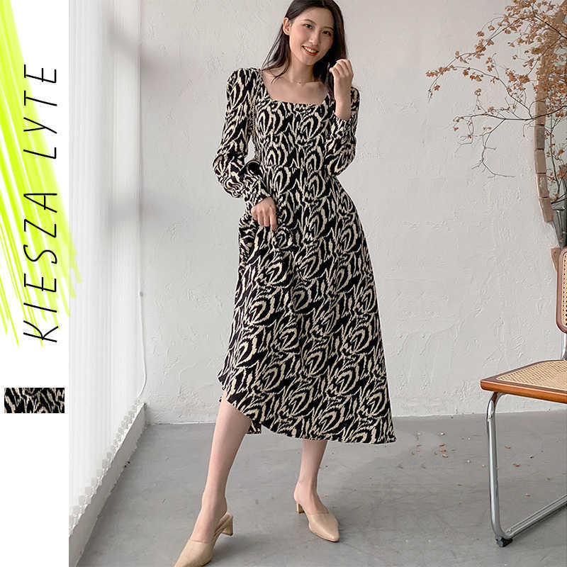 

Vintage Hepburn Style French Long Sleeve Printed A Line Dress Square Neck Luxury Ladies Spring Dresses Vestidos Femme 210608, Black