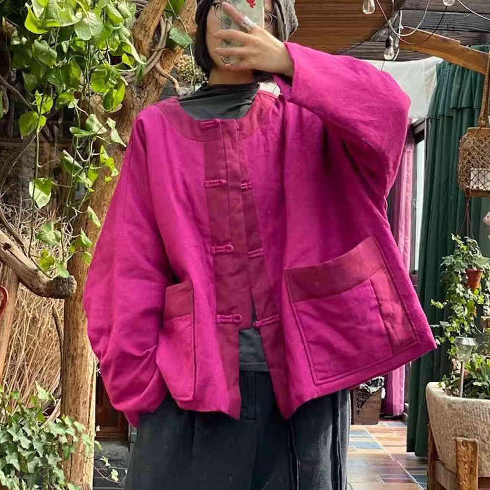 

Johnature Women Rose Red Parkas Cotton Linen Vintage Coats Button O-Neck Long Sleeve Pockets Spring Loose Parkas 210521