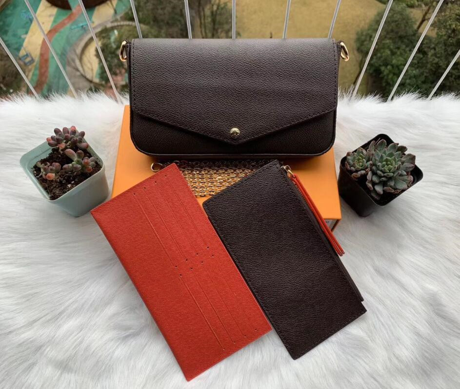 

Top 3pcs set Women Shoulder Bags Brown Flower Messenger Chain Strap Cross Body Ladies Flap Purse Clutch Totes With Box Dust bag, Brown grid