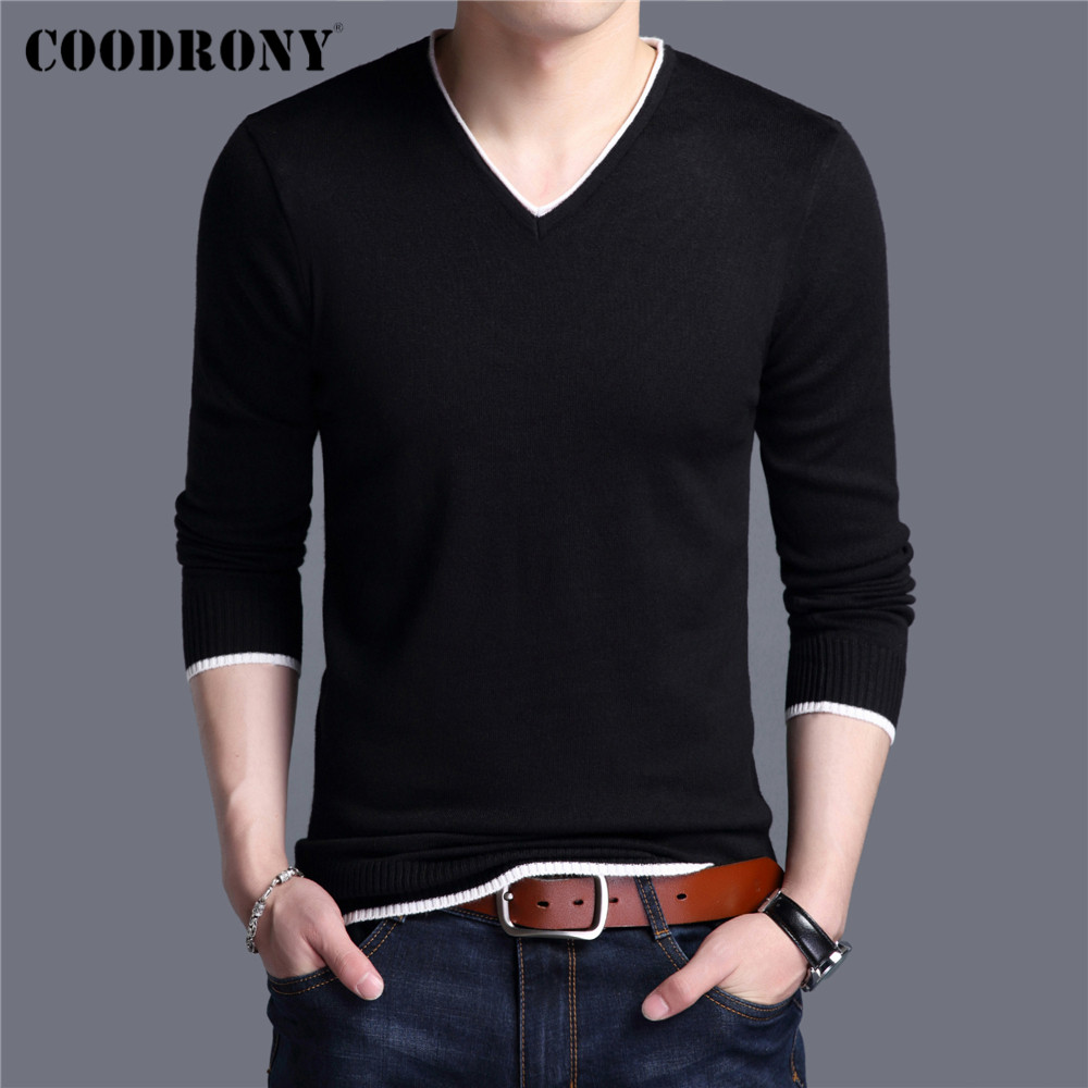 

COODRONY Brand Spring Autumn New Arrival Soft Cotton Sweater Casual V-Neck Pull Homme Knitwear Pullover Men Clothes Jersey C1001, Black