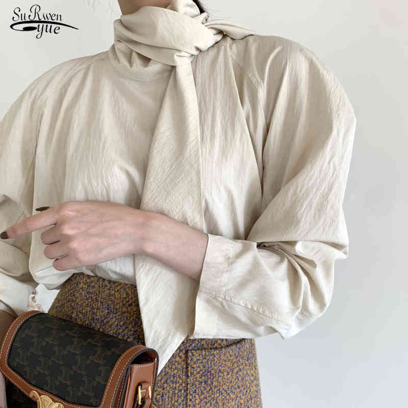 

Fashion Elegant Women Shirt with Bowtie Long Sleeve Solid Women Blouse Puff Sleeve Stand Collar Female Clothing Blusas 12790 210518, Beige