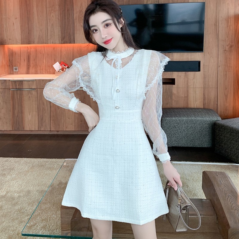 

Autumn Winter Vintage Women Sweet Lace Patchwork Tweed High Waist Slim Party Mini Dress Vestidos 210518, Picture color