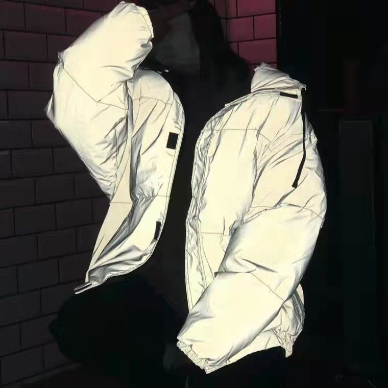 

New Reflective laser design winter wear stand up collar down With hood warmth loose street bread Short coat couple fashion mens women solid color thick windproof top, Style z