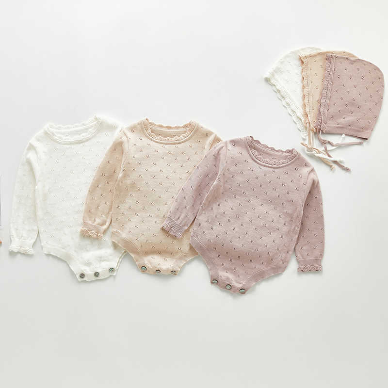 

0-3Yrs Spring Autumn Baby Girl Pure Color Rompers And Hat Baby Girl Long Sleeves Rompers Baby Girl born Rompers 210722, B83h15 beige