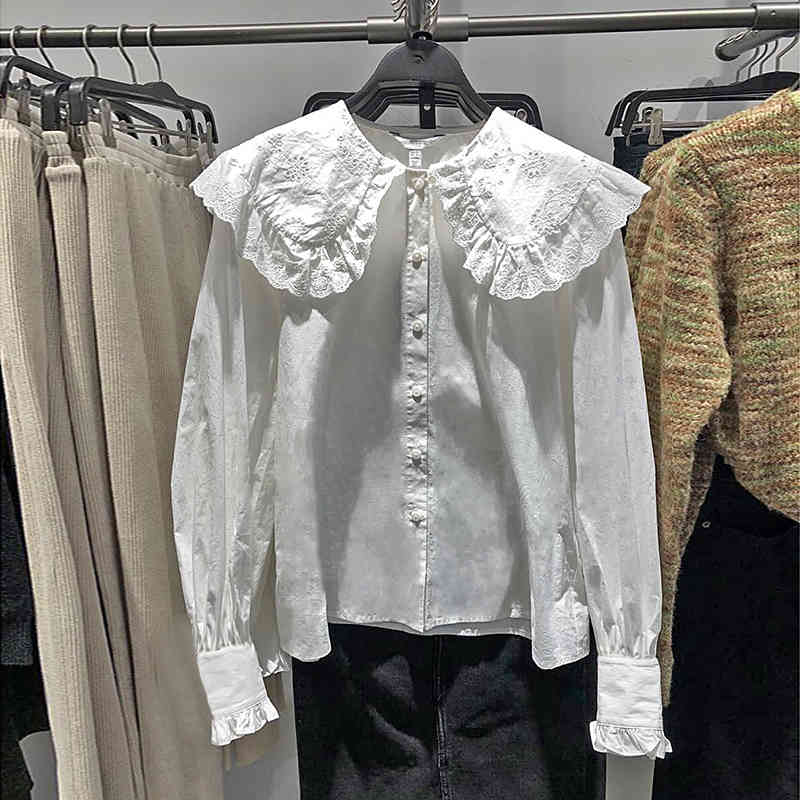 

Women' Blouses & Shirts Lamtrip 2021 Spring Hook Hollow Out Lace Layers Peter Pan Collar Cotton Long Sleeve Shirt Blouse Camisa D, White