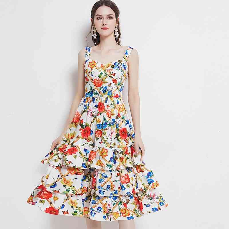 

Runway Summer Floral Dress Women Sexy Spaghetti Strap Camellia Flower Print Cascading Ruffles Holiday Boho Dresses 210603, Yellow