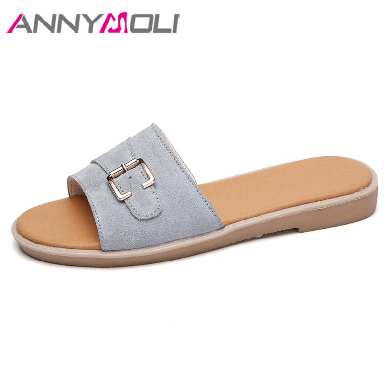 

Slippers ANNYMOLI Women Shoes Summer Buckle Flat Casual Fashion Open Toe Slides Female 2021 Sandals Pink Gray Size 35-40, Black