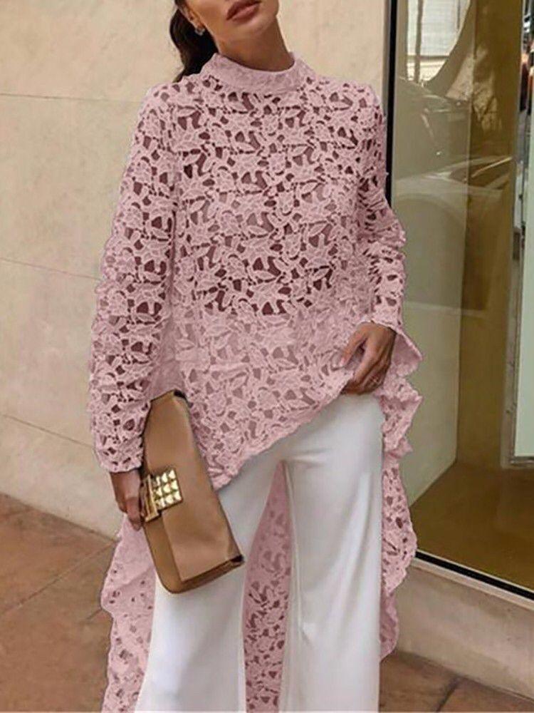 

Fannic Spring Women Fashion Elegant Casual Patchwork Flounced Dip Hem Top Crochet Irregular Hollow Out See Through Blouse Women07914035, Pink