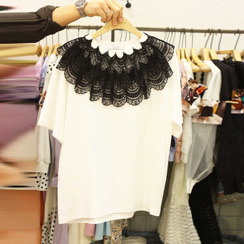 

Summer Fashion Loose All Match Lace Splicing Short Sleeve O Neck T-shirt Women Tops 210615, White