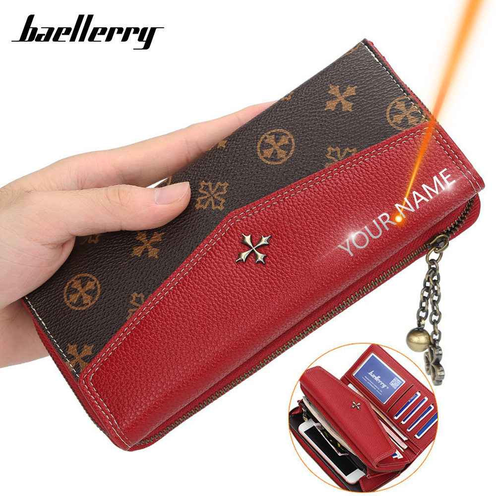 

Women Name Engraving Long Fashion Quality Card Holder Classic Purse Zipper Wallets, Apricot