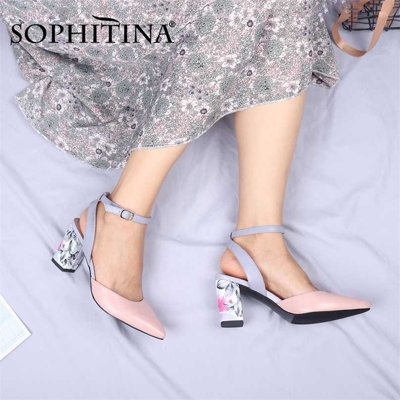 

SOPHITINA Women's Pumps High Quality Sheepskin Fashion Printing Flower Square Heel Slingback Shoes Buckle Elegant C645 211029, Green