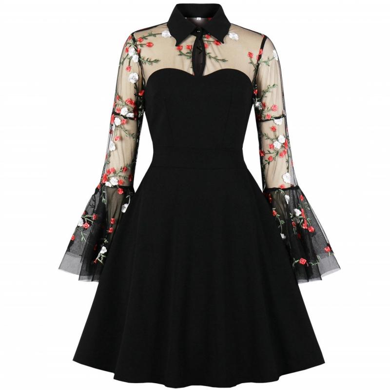 

Casual Dresses 2021 Halloween Print Gothic Dress Women Black Vintage Turn-down Collar Wrapped Chest Swing Rockabilly Pin Up Retro