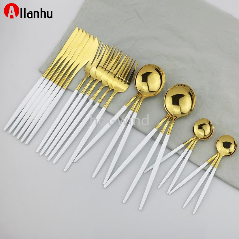 NEW! 30Pcs White Gold Cutlery Set 304 Stainless Steel Dinnerware Set Knife Dessert Fork Coffe Spoon Dinner Silverware Home Kitchen Tableware Set-image-754489058