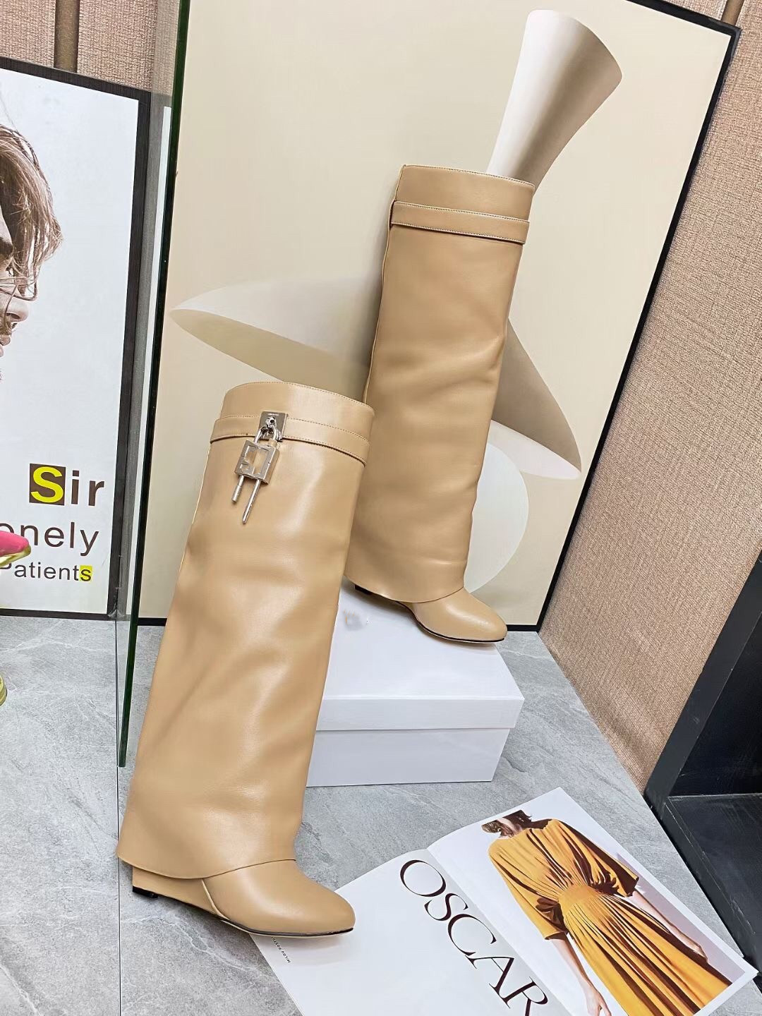 

SHARK LOCK Fashion brand Big Size 35-42 Women Knee High Boots Cow Leather Platform Winter Shoes Woman flat heel Warm Fur High Long Boots Ins Hot Shoes, Wear stick