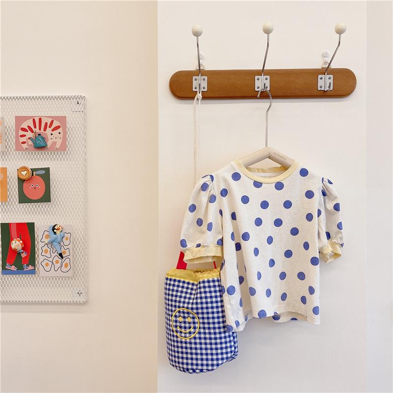 

T-shirts Summer Dot Printing Puff Sleeve T Shirts Girls Cotton Casual Tees Children Clothes Tops, Blue