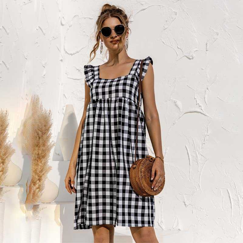 

Flying Sleeve Square Collar Plaid Print Dress Women Casual Loose Streetwear Above Knee Sexy Backless High Waist Dresses 210608, Blue