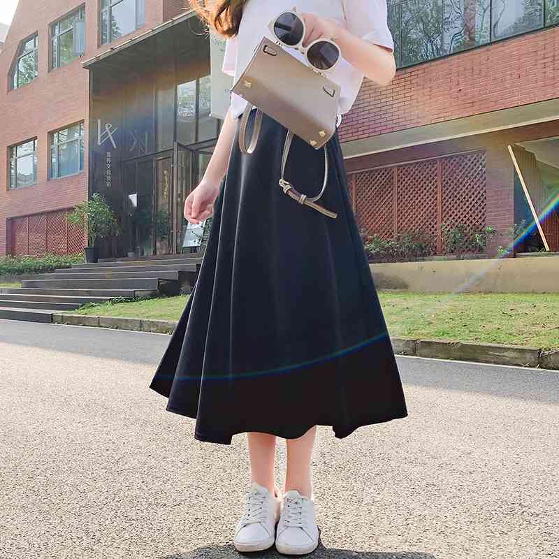 

Vintage Womens Skirts High Waist Solid Color Pleated Solid Color Stretch Plain Skater Flared Pleated Long Skirt Autumn Women 210608, Photo color