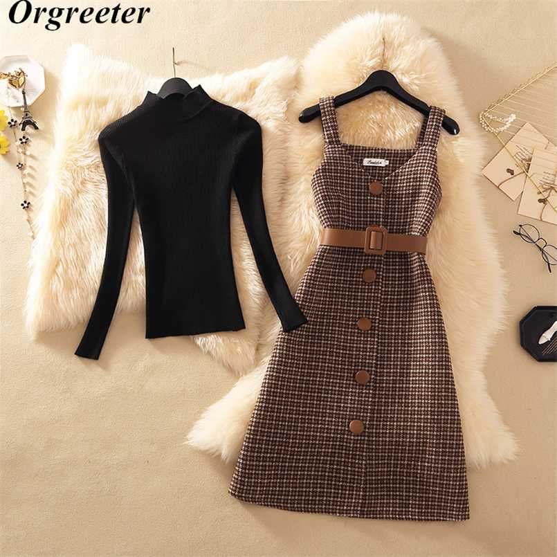 

Two Piece Dress Set Women Autumn Winter Solid Base Sweater and Sleeveless Knee-Length Plaid Tweed Dresses Suits With belt 211108, Only dress