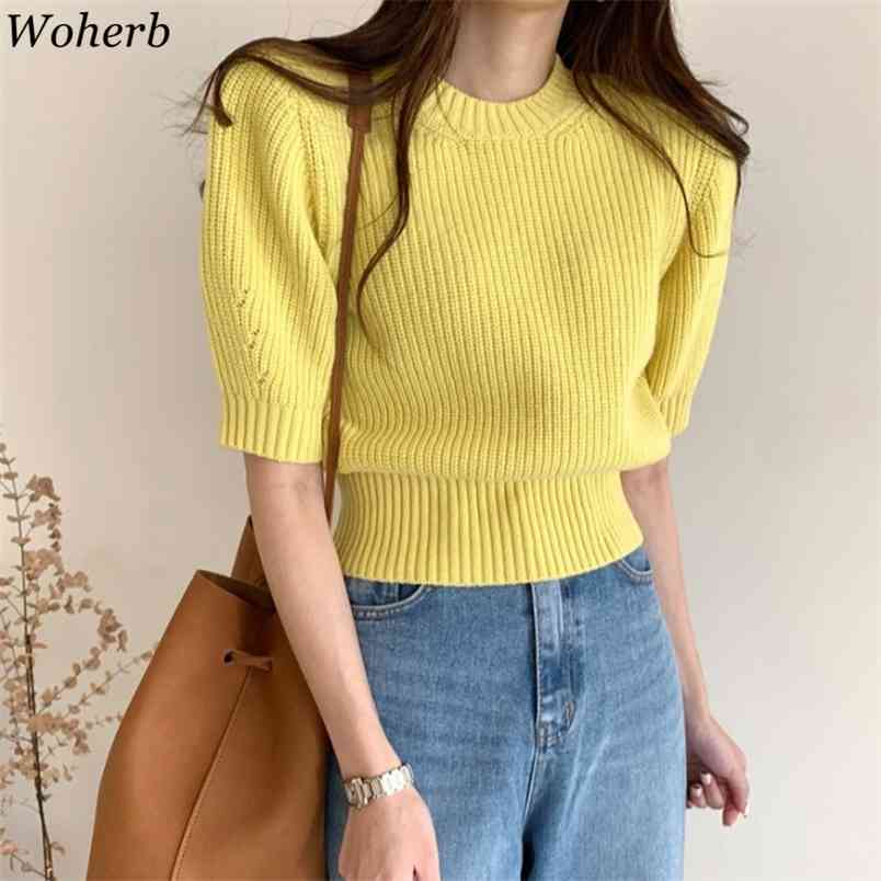 

O Neck Puff Short Sleeve Knitted Sweater Women Loose Casual Solid Simple Pull Femme Summer Pullovers Sueter Mujer 210519, Lemon yellow