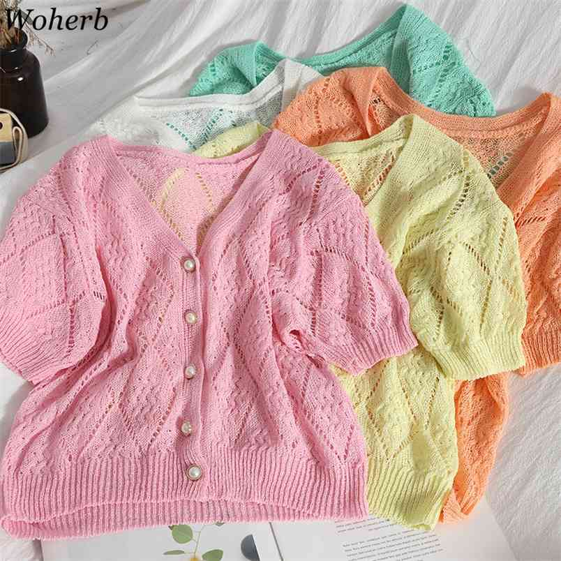 

Summer Vintage Kintted Hollow Cardigan Women Thin V-neck Single Breasted Pockets Tops Korean Style Elegant Female Top 210519, Light green